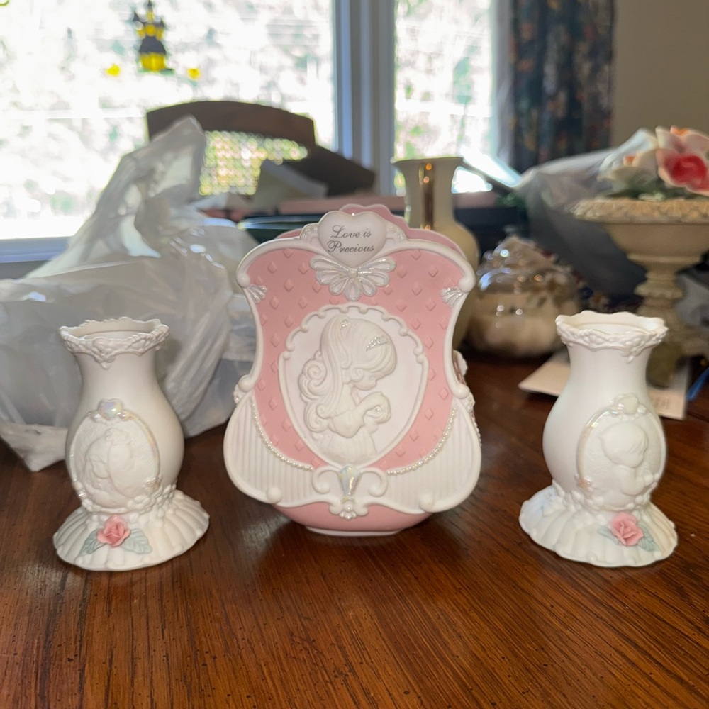 Precious Moments Pink and White Candle Holder Set